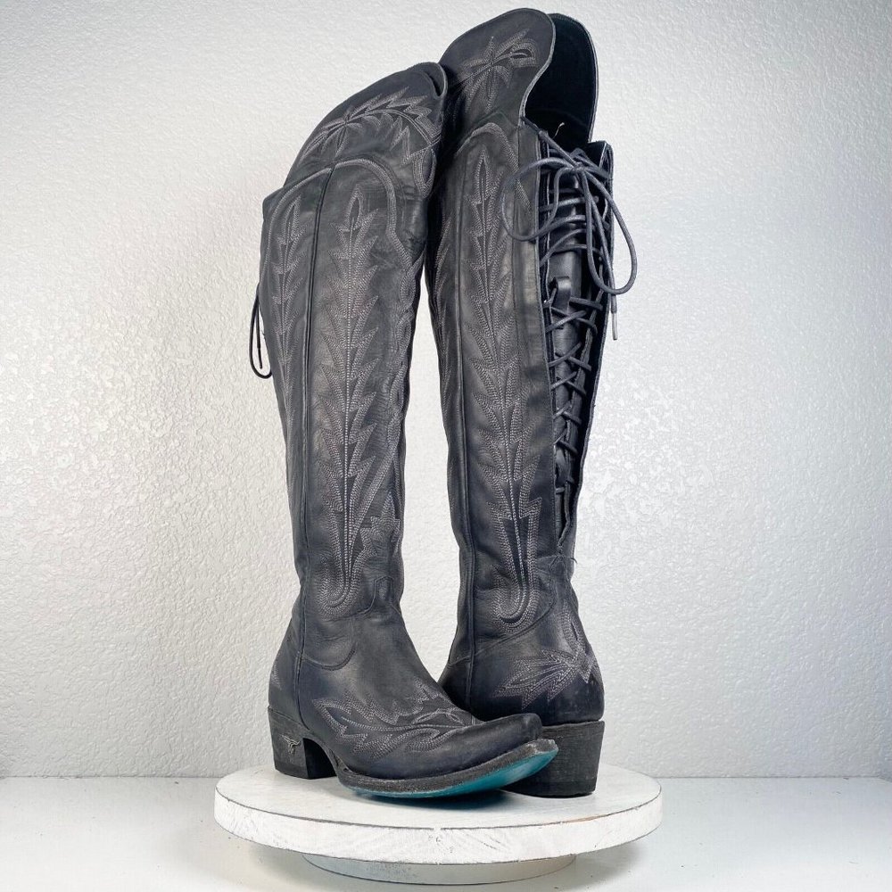 Lane LEXINGTON Over the Knee Sz 7 Black Cowgirl Western Boots Leather Snip Toe